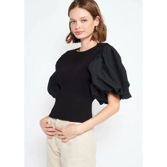 En Saison Tops - En Saison Maxime Puff Sleeve Ribbed Knit Backless Tied Blouse in Black Size M